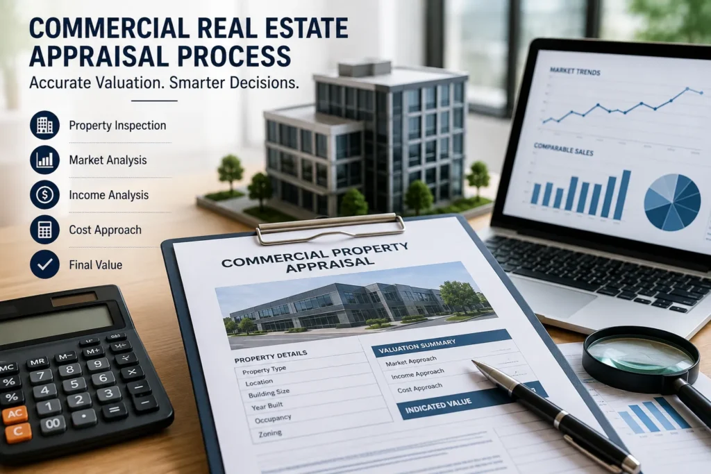 Commercial real estate appraisal process and property valuation