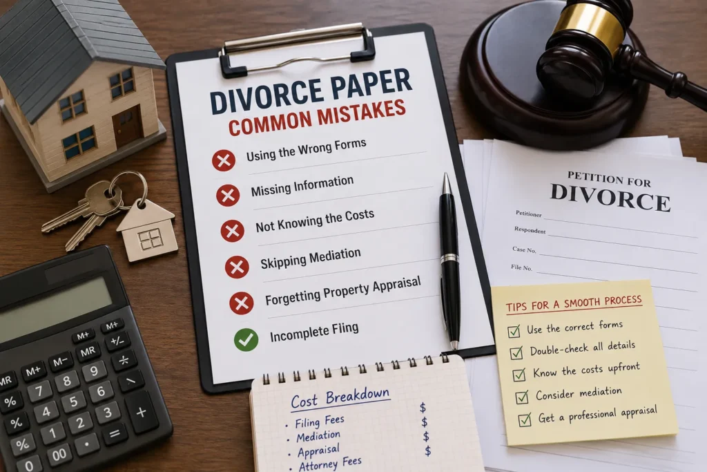 Divorce paper filing checklist showing common mistakes, property appraisal, mediation, filing costs, and tips for a smooth divorce process