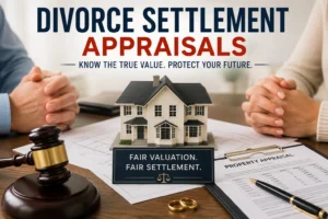 Divorce settlement appraisal showing a property valuation report, house model, and legal documents for fair settlement