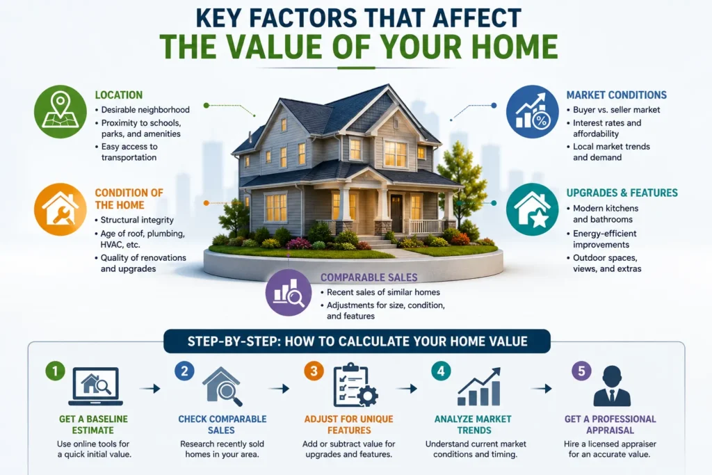 Key factors affecting home value including location, property condition, comparable sales, market conditions, and upgrades