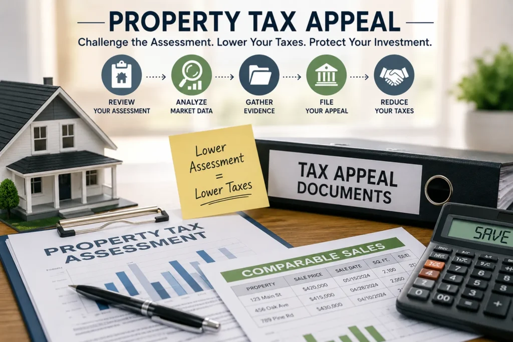 Property tax appeal process showing assessment review, market analysis, evidence gathering, filing, and tax reduction