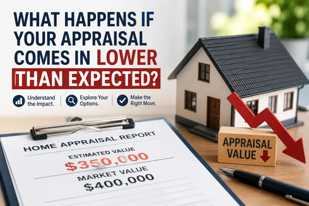 Home appraisal came in low showing a house, appraisal report, and lower appraised value during a real estate transaction.