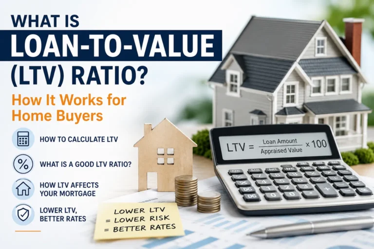 What is Loan-to-Value (LTV) Ratio? Illustration showing how LTV affects mortgage approval, home financing, PMI, and interest rates for home buyers.